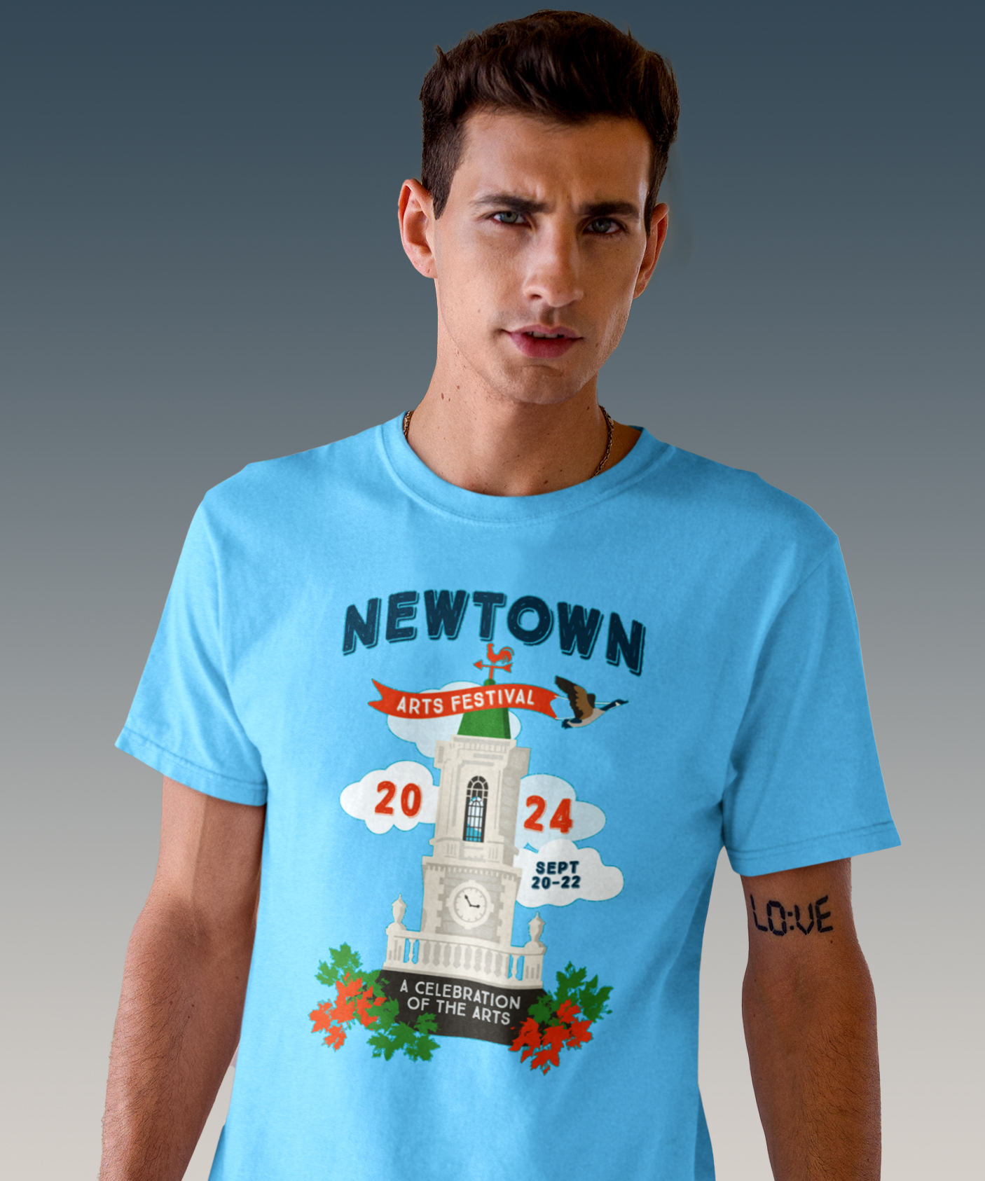 Male in 2024 Newtrown Arts Festival tshirt